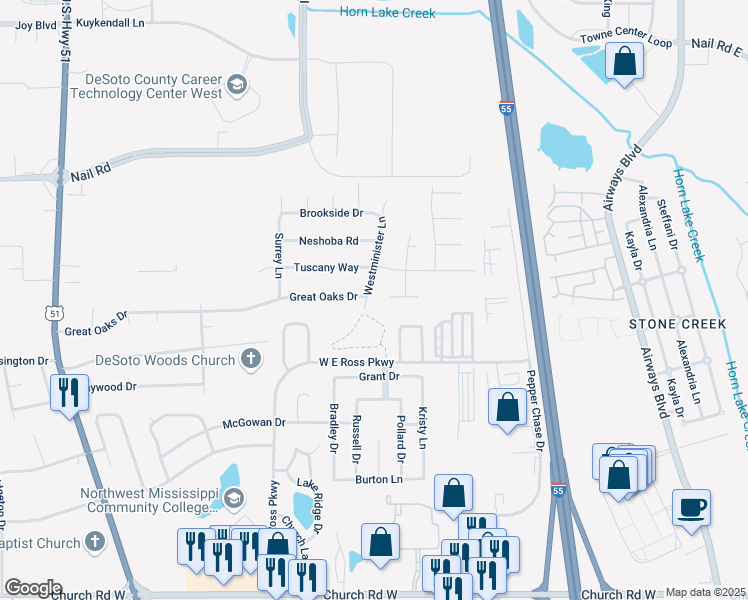 map of restaurants, bars, coffee shops, grocery stores, and more near 5720 Westminister Lane in Horn Lake