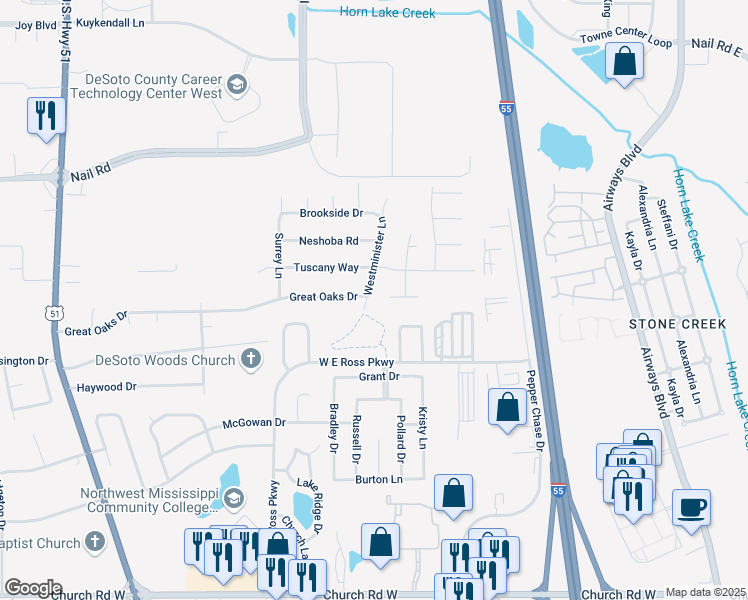 map of restaurants, bars, coffee shops, grocery stores, and more near 5720 Westminister Lane in Horn Lake