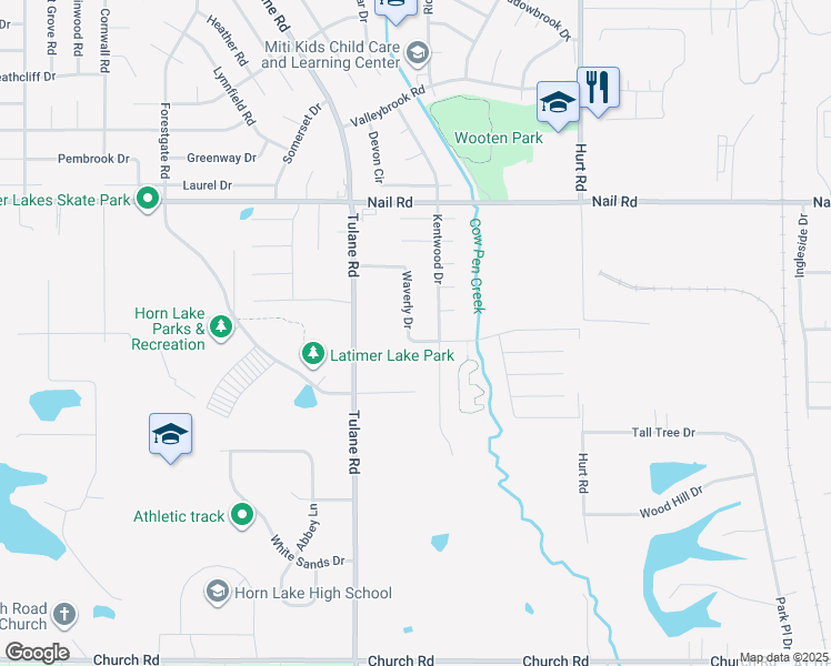 map of restaurants, bars, coffee shops, grocery stores, and more near 5812 Waverly Drive in Horn Lake
