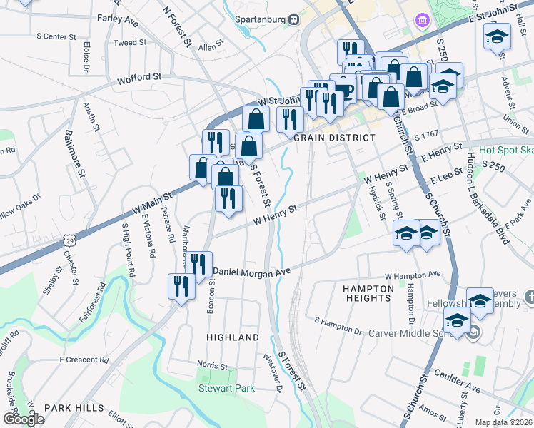 map of restaurants, bars, coffee shops, grocery stores, and more near 158 South Forest Street in Spartanburg
