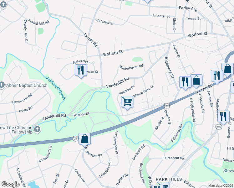 map of restaurants, bars, coffee shops, grocery stores, and more near 120 Raintree Drive in Spartanburg