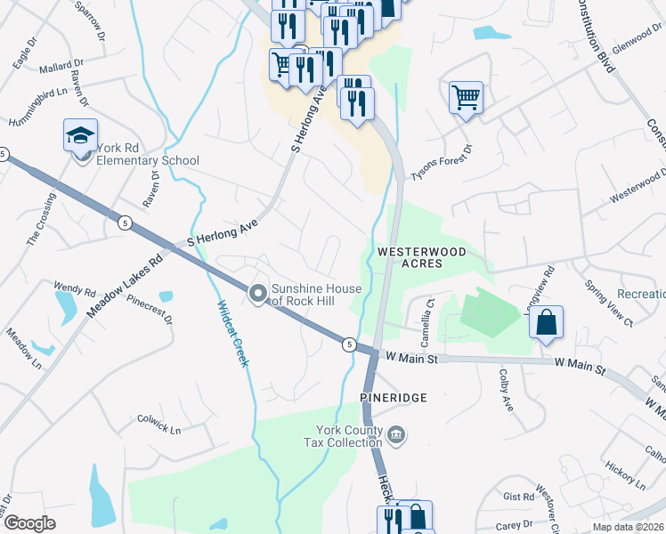 map of restaurants, bars, coffee shops, grocery stores, and more near 1622 Clemmon Sanders Circle in Rock Hill