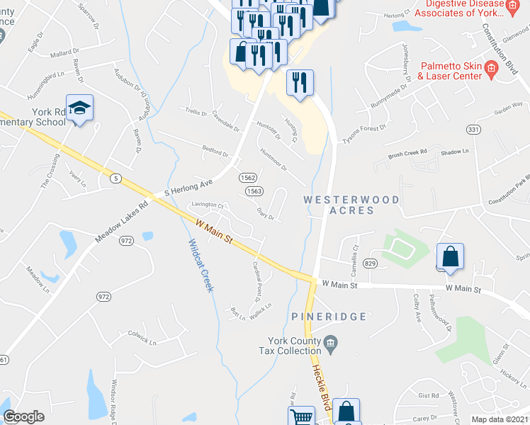 map of restaurants, bars, coffee shops, grocery stores, and more near 1724 Clemmon Sanders Circle in Rock Hill