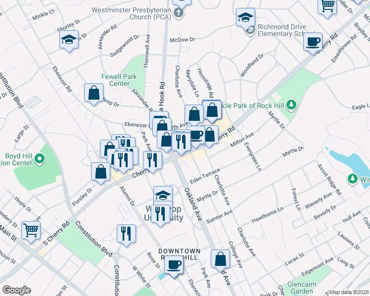 map of restaurants, bars, coffee shops, grocery stores, and more near 529 Cherry Road in Rock Hill