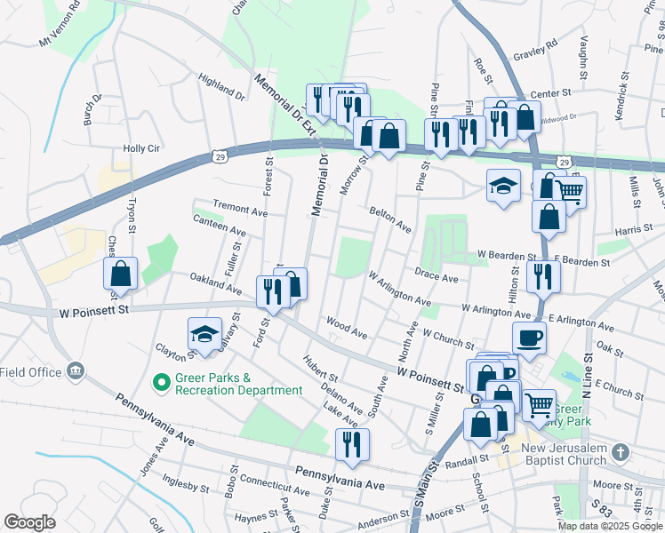 map of restaurants, bars, coffee shops, grocery stores, and more near 202 Morrow Street in Greer