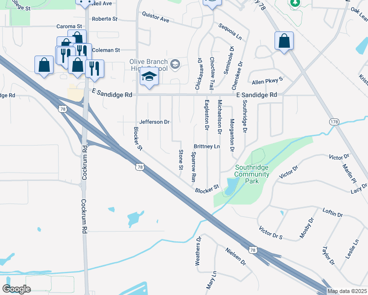 map of restaurants, bars, coffee shops, grocery stores, and more near 5742 Stone Street in Olive Branch