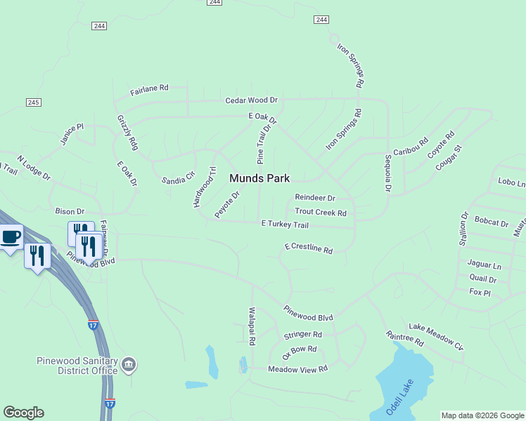 map of restaurants, bars, coffee shops, grocery stores, and more near 17440 Pine Trail Drive in Sedona