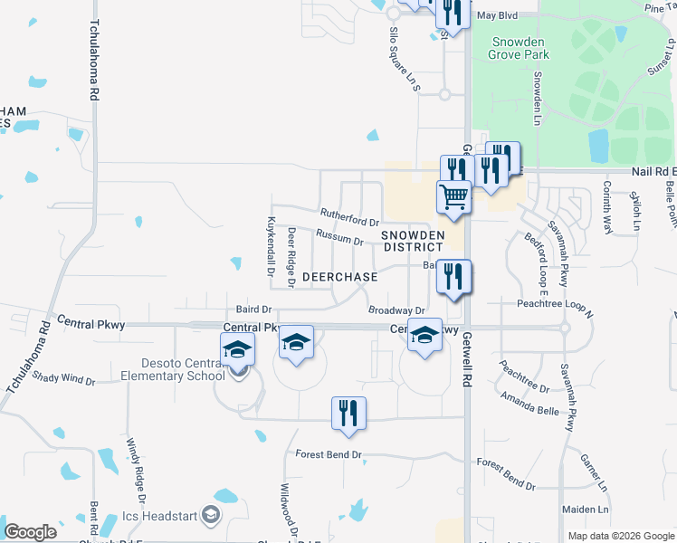 map of restaurants, bars, coffee shops, grocery stores, and more near 5706 Antler Trail in Southaven