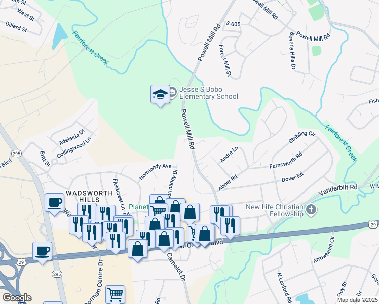 map of restaurants, bars, coffee shops, grocery stores, and more near 305 Powell Mill Road in Spartanburg