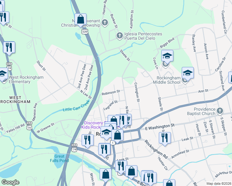 map of restaurants, bars, coffee shops, grocery stores, and more near 306 Robinson Street in Rockingham