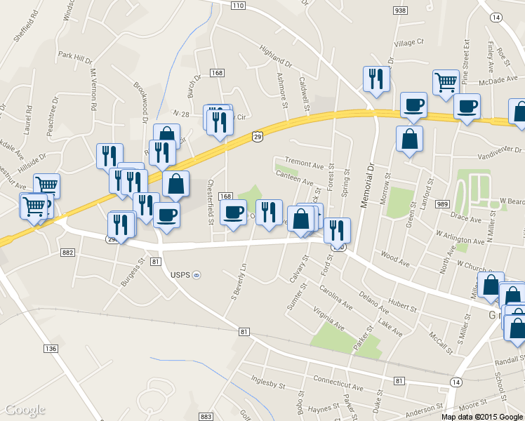 map of restaurants, bars, coffee shops, grocery stores, and more near 220 Oakland Ave in Greer