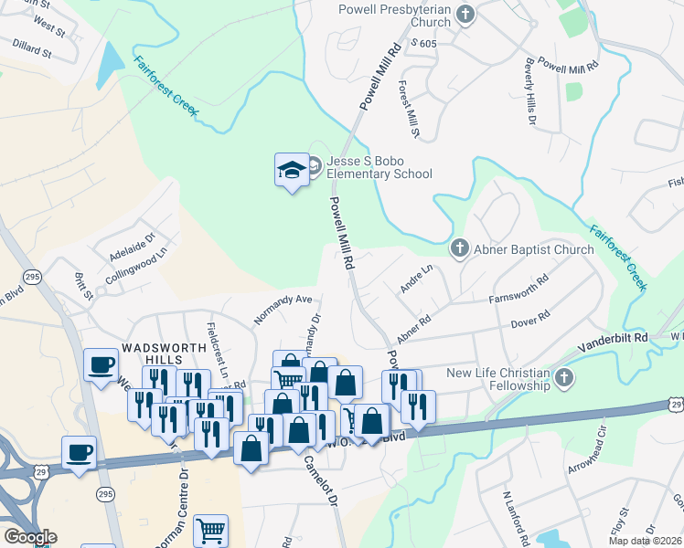 map of restaurants, bars, coffee shops, grocery stores, and more near 305 Powell Mill Road in Spartanburg