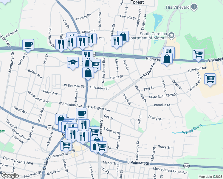 map of restaurants, bars, coffee shops, grocery stores, and more near 210 East Beardon Street in Greer