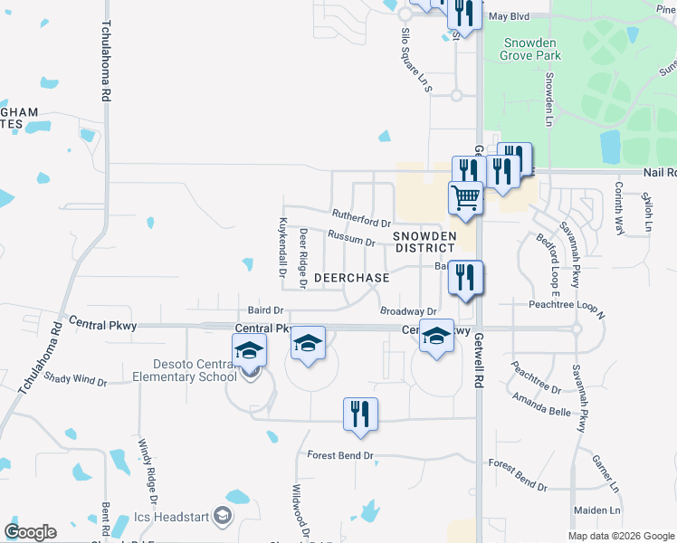 map of restaurants, bars, coffee shops, grocery stores, and more near 5706 Antler Trail in Southaven