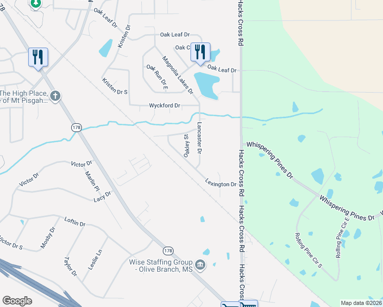 map of restaurants, bars, coffee shops, grocery stores, and more near 5697 Lancaster Drive in Olive Branch