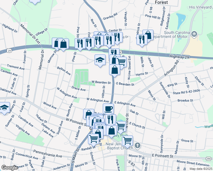 map of restaurants, bars, coffee shops, grocery stores, and more near 103 West Bearden Street in Greer