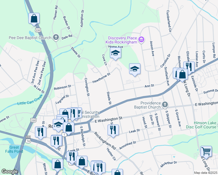 map of restaurants, bars, coffee shops, grocery stores, and more near 408 Steele Street in Rockingham