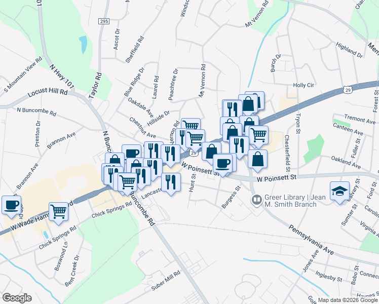 map of restaurants, bars, coffee shops, grocery stores, and more near 5924 West Wade Hampton Boulevard in Greer