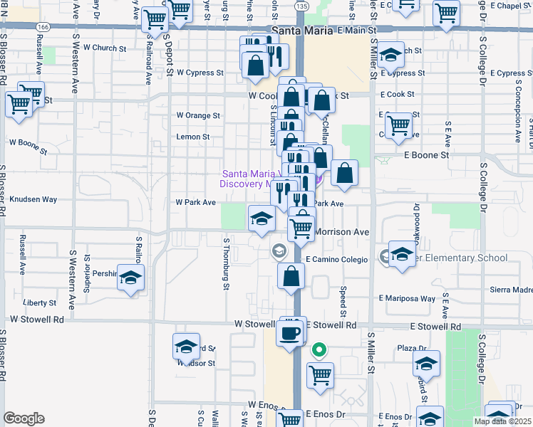 map of restaurants, bars, coffee shops, grocery stores, and more near 811 South Lincoln Street in Santa Maria