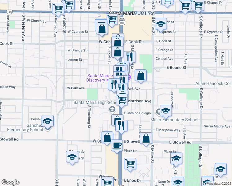 map of restaurants, bars, coffee shops, grocery stores, and more near 801 South Broadway in Santa Maria