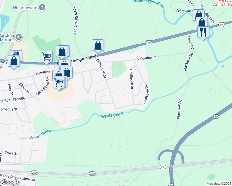 map of restaurants, bars, coffee shops, grocery stores, and more near 110 Palmetto Valley Drive in Greer