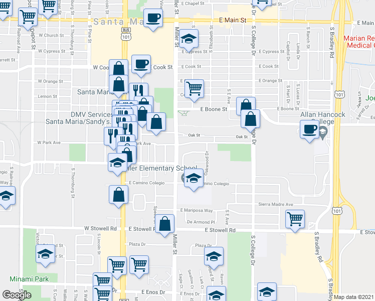map of restaurants, bars, coffee shops, grocery stores, and more near 437 Chaparral Street in Santa Maria