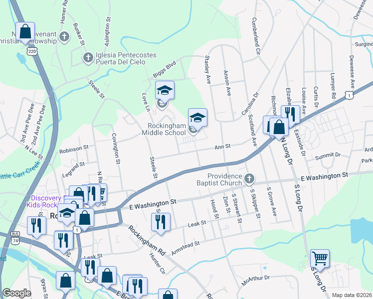 map of restaurants, bars, coffee shops, grocery stores, and more near 907 Ann St in Rockingham