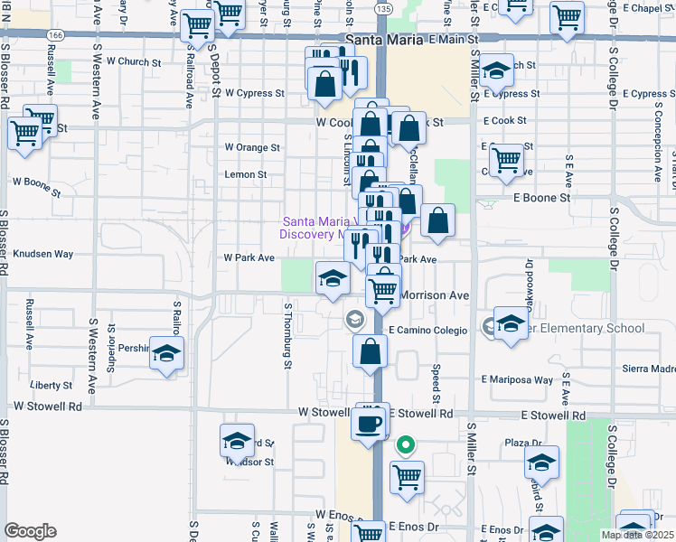 map of restaurants, bars, coffee shops, grocery stores, and more near 811 South Lincoln Street in Santa Maria
