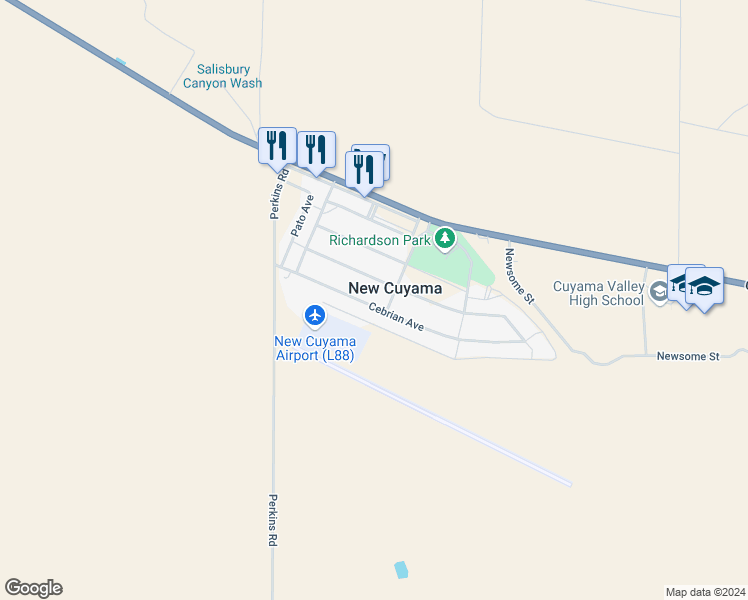 map of restaurants, bars, coffee shops, grocery stores, and more near 4814 Cebrian Avenue in New Cuyama