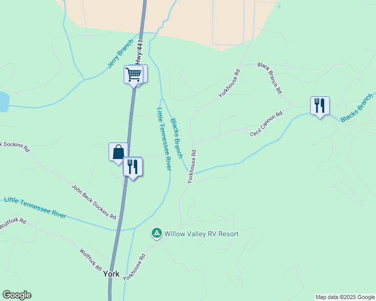 map of restaurants, bars, coffee shops, grocery stores, and more near 793 Yorkhouse Road in Rabun Gap