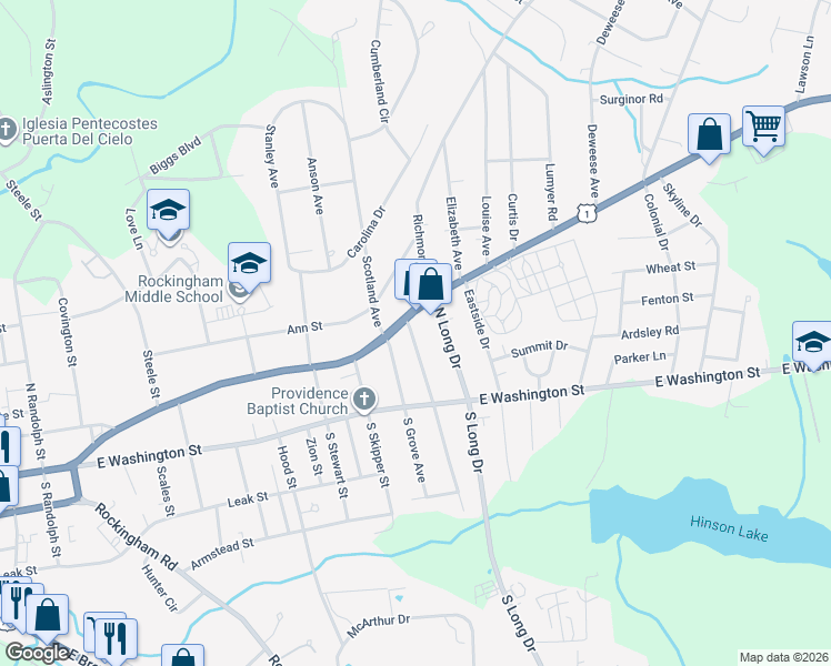 map of restaurants, bars, coffee shops, grocery stores, and more near 216 North Brookwood Avenue in Rockingham
