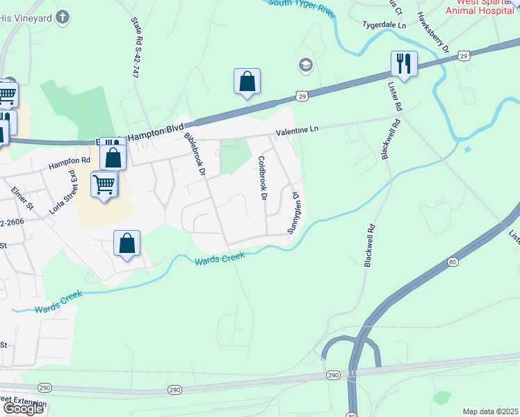 map of restaurants, bars, coffee shops, grocery stores, and more near 863 Coldbrook Drive in Greer