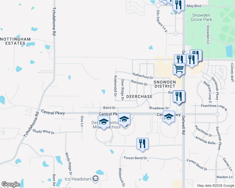map of restaurants, bars, coffee shops, grocery stores, and more near 5704 Kuykendall Drive in Southaven