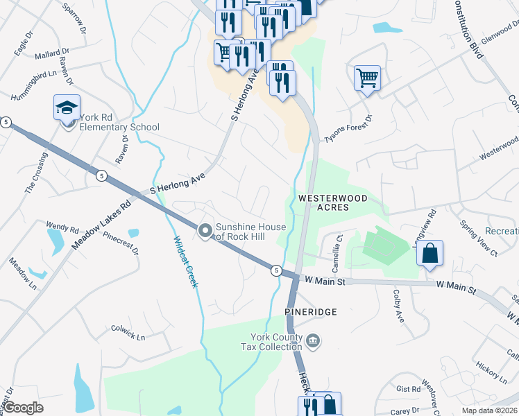 map of restaurants, bars, coffee shops, grocery stores, and more near 1622 Clemmon Sanders Circle in Rock Hill