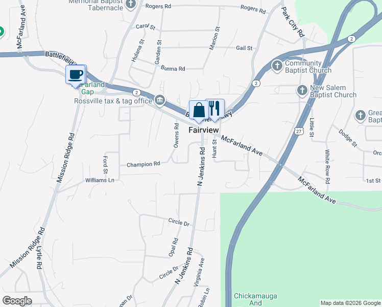 map of restaurants, bars, coffee shops, grocery stores, and more near 15 High Street in Rossville