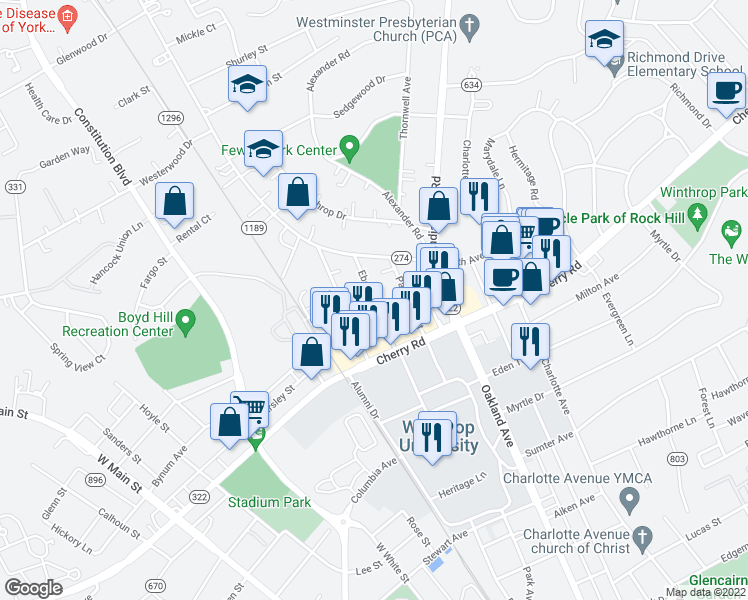 map of restaurants, bars, coffee shops, grocery stores, and more near 1062 Ebenezer Avenue Extension in Rock Hill