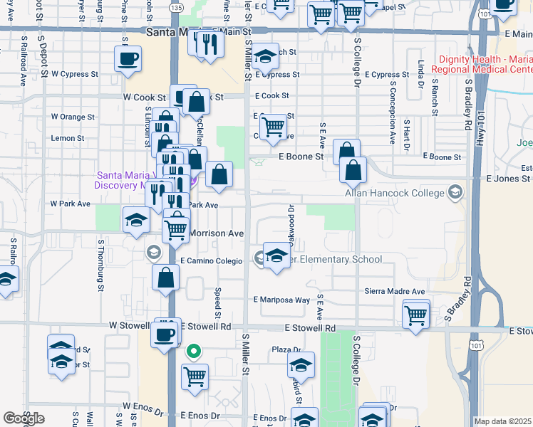 map of restaurants, bars, coffee shops, grocery stores, and more near 441 Chaparral Street in Santa Maria