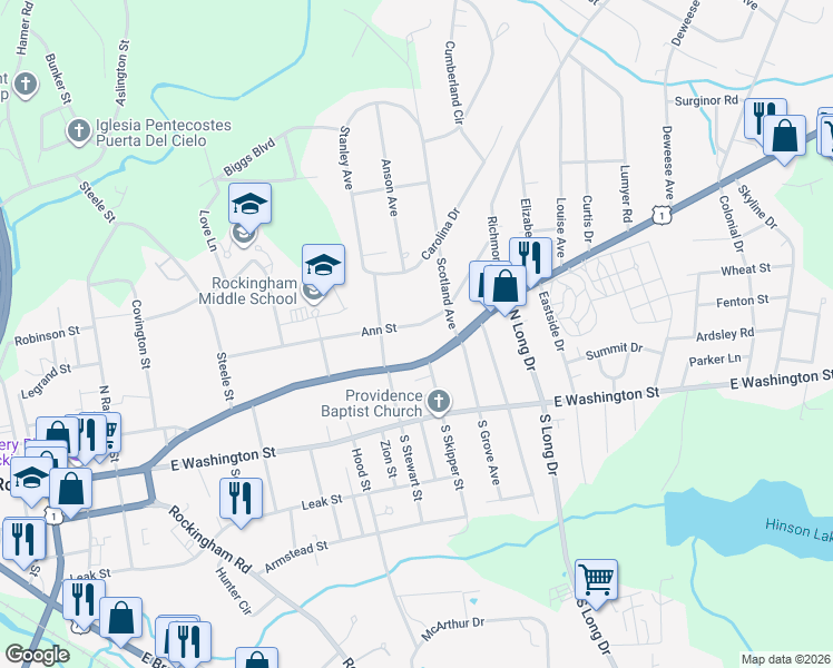 map of restaurants, bars, coffee shops, grocery stores, and more near 1116 Ann Street in Rockingham