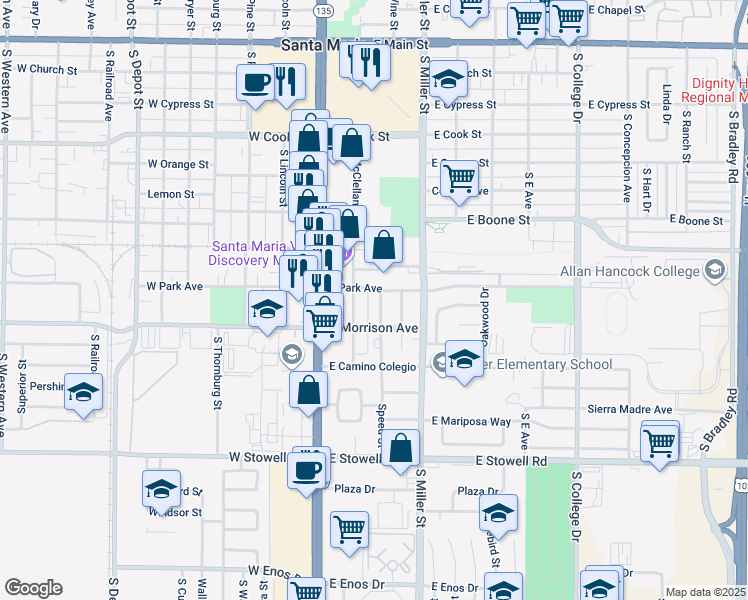 map of restaurants, bars, coffee shops, grocery stores, and more near 811 Speed Street in Santa Maria