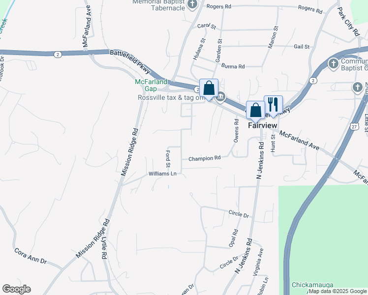 map of restaurants, bars, coffee shops, grocery stores, and more near 26 Williams Lane in Rossville
