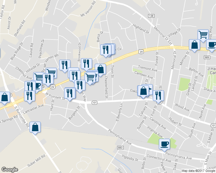 map of restaurants, bars, coffee shops, grocery stores, and more near 108 Chesterfield Street in Greer