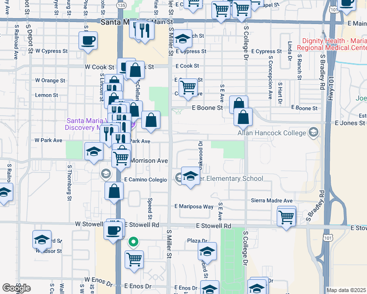 map of restaurants, bars, coffee shops, grocery stores, and more near 441 Chaparral Street in Santa Maria