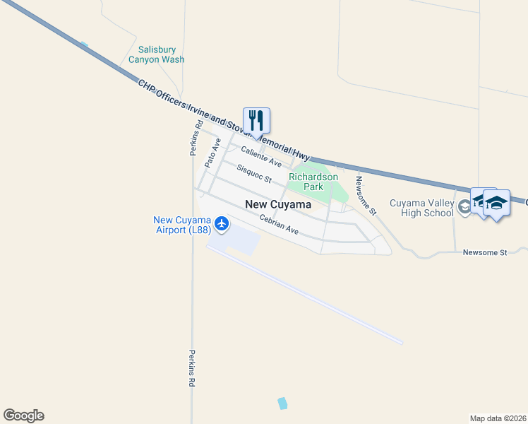 map of restaurants, bars, coffee shops, grocery stores, and more near 4814 Cebrian Avenue in New Cuyama