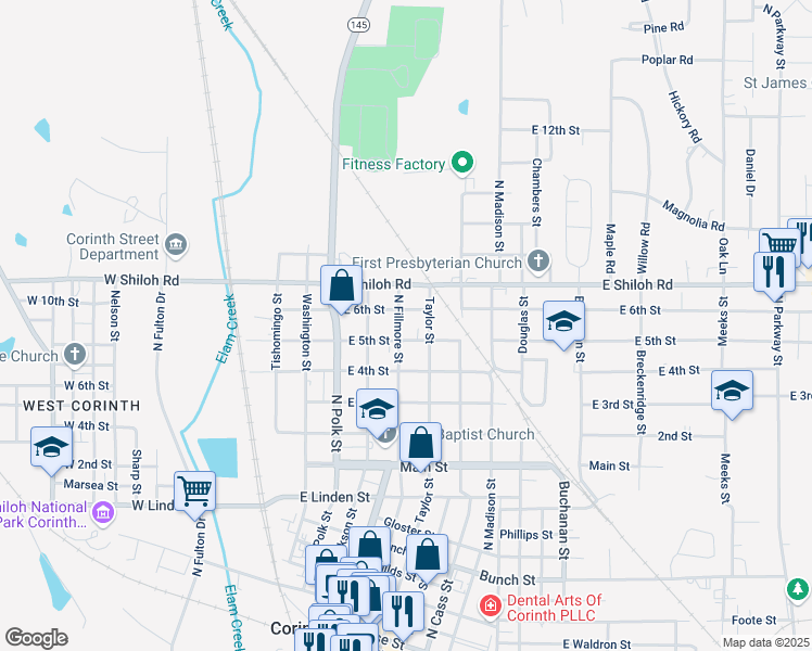 map of restaurants, bars, coffee shops, grocery stores, and more near 1514 North Fillmore Street in Corinth