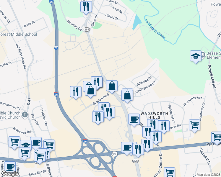 map of restaurants, bars, coffee shops, grocery stores, and more near 510 Spartan Boulevard in Spartanburg