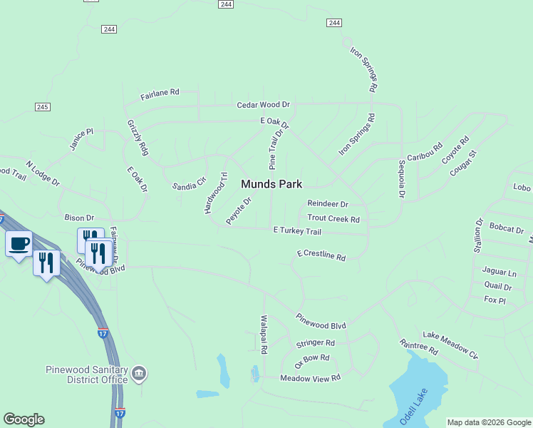 map of restaurants, bars, coffee shops, grocery stores, and more near 17440 Pine Trail Drive in Sedona