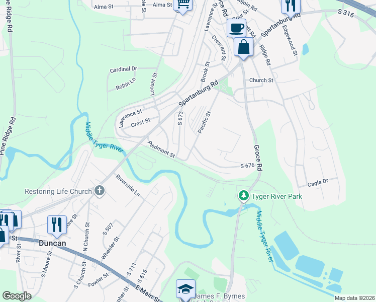 map of restaurants, bars, coffee shops, grocery stores, and more near 3 Pacific Street in Lyman