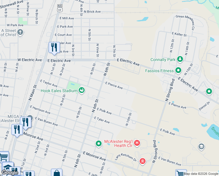 map of restaurants, bars, coffee shops, grocery stores, and more near 699 E Fillmore Ave in McAlester