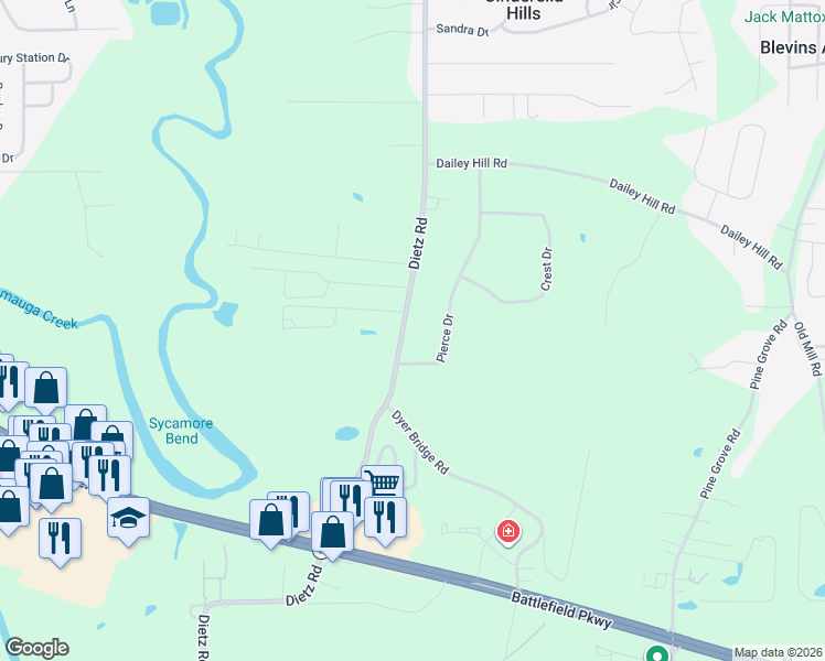 map of restaurants, bars, coffee shops, grocery stores, and more near 917 Dietz Road in Ringgold