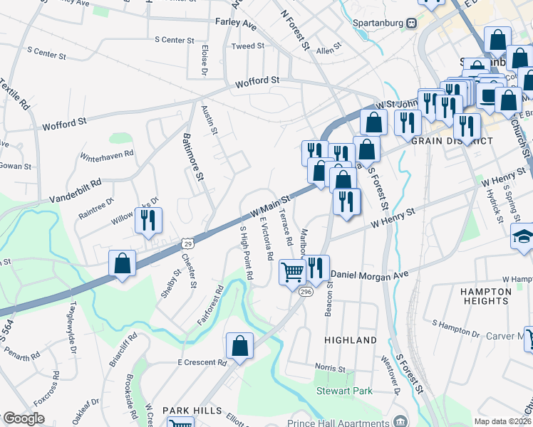 map of restaurants, bars, coffee shops, grocery stores, and more near 601 West Main Street in Spartanburg